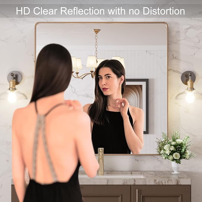 LOAAO 36"X36" Gold Bathroom Mirror | Rounded Rectangle, Brushed Gold Frame, Wall-Mounted, Anti-Rust, Tempered Glass, Hangs Horizontally or Vertically