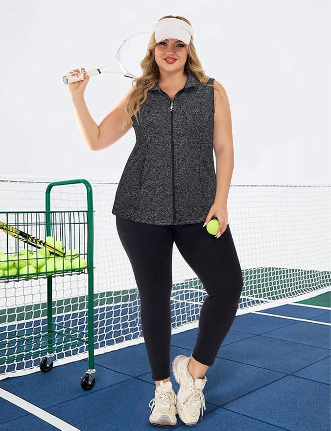 Misyula Style Plus Size Womens Golf Shirt Full-Zip with Pockets Tank Tops | Sleeveless, Quick Dry, Moisture-wicking, Lightweight Vests, Athletic, Tennis, Running, Workout, Casual, Travel, Work
