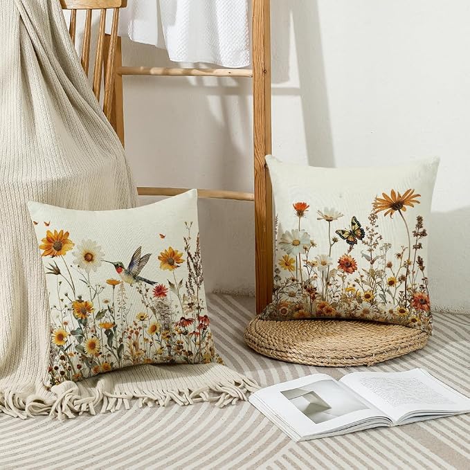 wyooxoo Spring Pillow Covers 18x18 Set of 4 Farmhouse Summer Throw Pillow Covers Floral Decorative Cushion Cases for Sofa Couch Outdoor Bedroom