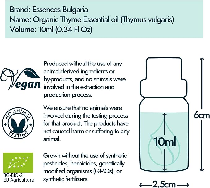 Essences Bulgaria Organic Thyme Essential Oil 1/3 Fl Oz | 10ml | Thymus vulgaris | 100% Pure and Natural | Undiluted | Therapeutic Grade | Family Owned Farm | Steam-Distilled | Non-GMO | Vegan
