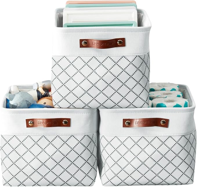 DECOMOMO Storage Bins, Large Fabric Storage Baskets for Shelves 3 Pack | 15 x 11 x 9.5 inches Decorative Linen Closet Organizers with Handles (Checkered White)