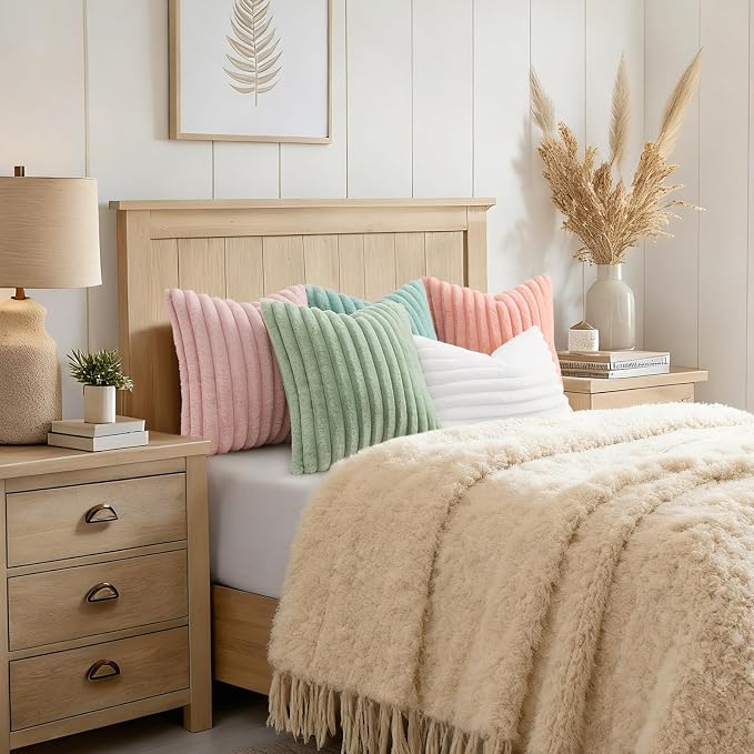 decorUhome Fall Faux Fur Throw Pillow Covers 18x18 Set of 2 Pink | Decorative Soft Cozy Striped Plush Modern Farmhouse Boho Couch Pillow Cases Velvet Back for Sofa Bed Living Room Home Decor