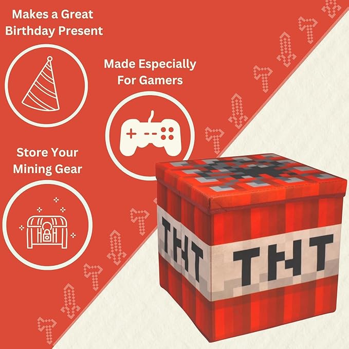 Large 14 x 14 Fabric Pixelated Box - TNT| Birthday Party Supplies | Storage Decoration and Prop, Big Birthday Box | Storage Bin Chest With Lid Gift Accessory (TNT Block)