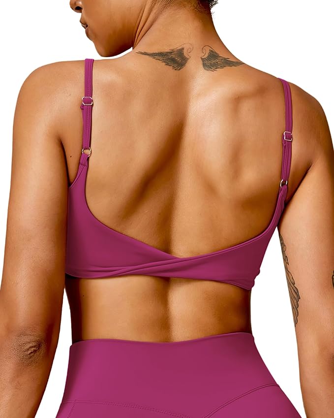 QUOJIZY Sports Bras for Women Open Back Workout Tops for Women Yoga Bra Spaghetti Straps Twist Back