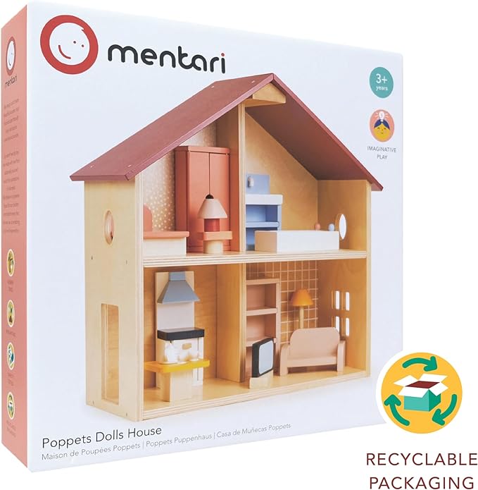 Mentari Toys - Poppets Dollhouse - Fully Furnished Open-Style Wooden Dollhouse with Windows & 4 Rooms - Compact House for Dolls - Great for Imaginative Play, Skill Development & Storytelling - Age 3+