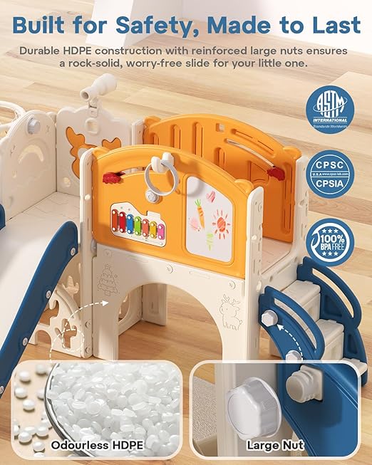 BIERUM Toddler Slide Set, 13 in 1 Kids Indoor Slide for Toddler 1-3, Indoor Outdoor Toddler Slide Playset with Basketball Hoop, Golf Game & Drawing Board, Baby Indoor Slide Playground, Blue&Yellow