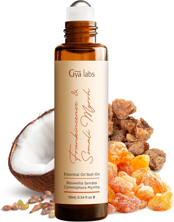 Gya Labs Frankincense & Somali Myrrh Essential Oil Roll On - 0.34 Fl Oz - Travel Size Roller for Camping, Skin, Aromatherapy Relief, Convenience
