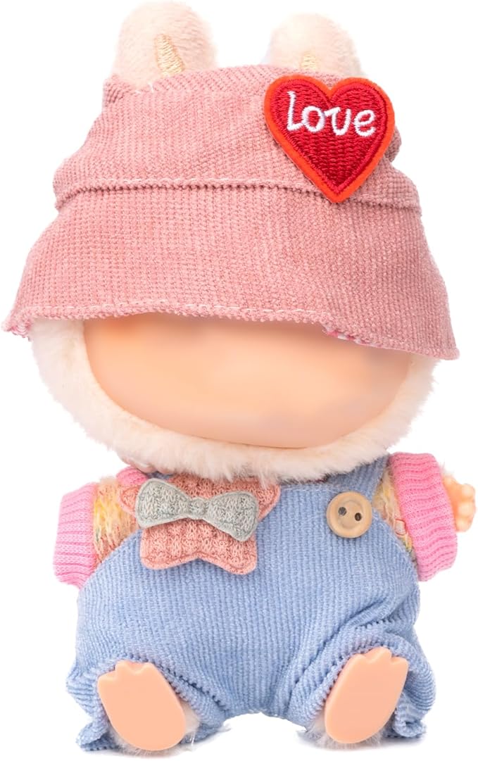 Handmade 17cm Doll Clothes - Kawaii Chic Style Set, Cute Doll Outfit with Accessories, Star Light Blue Romper + Heart Shaped Pink Hat + Colorful T-Shirt