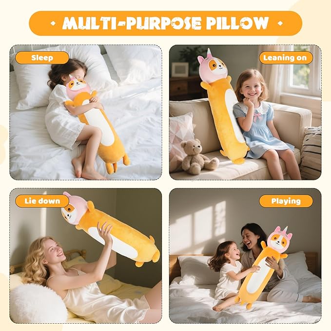 22 Inch Kawaii Unicorn Dog Long Plush Body Pillow Toy, Soft Corgi Shiba Inu Plushies with Stuffy Unicorn Outfit Big Stuffed Animals Gift for Kids Boys Girls, Birthday