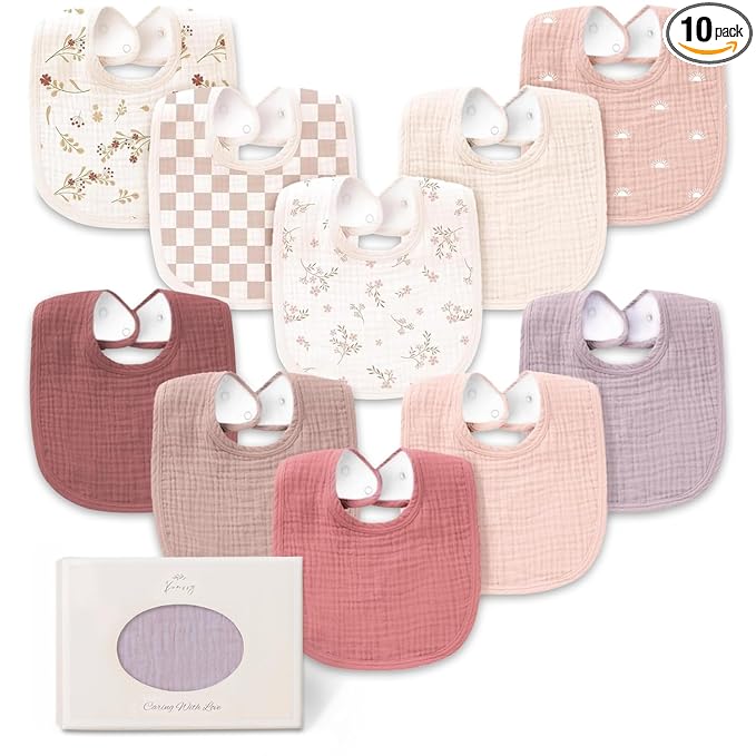 Konssy 10-Pack Muslin Baby Bibs, Soft Cotton Bandana Bibs for Drooling & Teething, Unisex Solid Colors for Boys & Girls, Newborn & Infant, Perfect Shower Gift