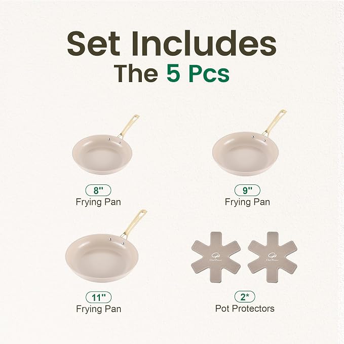 Chef Power Ceramic Frying Pan with Stainless Steel Handle 5Pcs Set, Non Stick Grill Pan Set, Dishwasher and Oven Safe, Taupe and Light Gold Handle