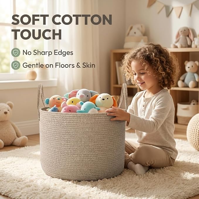JMvicyroam 65L Extra Large Machine Washable Cotton Rope Blanket Basket | Collapsible Laundry Hamper, Reinforced Handles, For Blankets, Pillows, Toys and Clothes, Living Room and Bedroom, Oatmeal