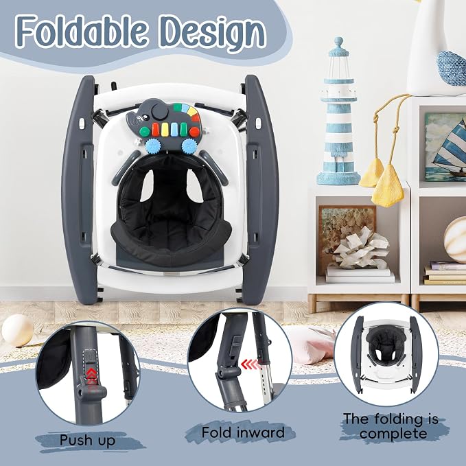 5-in-1 Music and Lights Foldable Baby Walker, Baby Walker with Wheels and Bouncer Combo Portable with 5 Adjustable Heights, Infant Toddler Walker for Baby Boy Girls 6-18 Months（Grey）