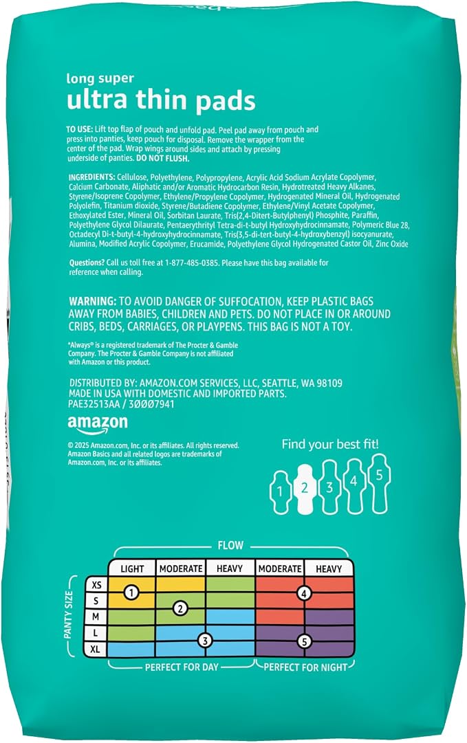 Amazon Basics Menstrual Pads for Women With Flexi-Wings, Long Length, Size 2, Super Absorbency, 32 Count (Pack of 1)