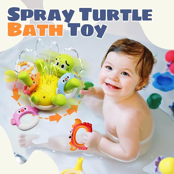 Rechargeable Turtle Baby Bath Toys with 2 Random Bath Bombs, Bathtub Fountain Spray Toy for Baby Toddler with 5 Rings, Pool Water Table Bath Toys for Kids Ages 1-3 4 5 6 Year Old Boys Gifts
