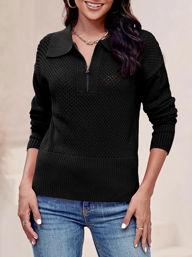 Doshoop Womens Summer Crochet Sweaters Long Sleeve Hollow Out Knit Half Zip Lapel Collar Pullover Tops