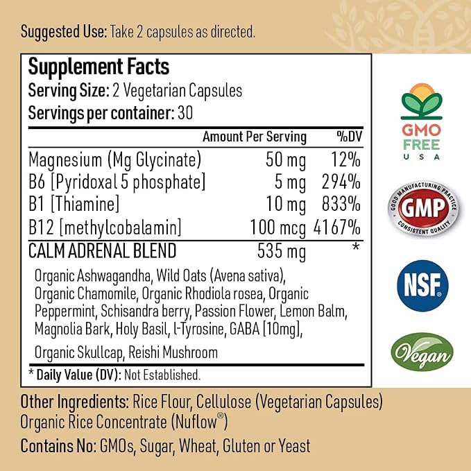 Zen Calm Stress Adrenal Support Supplement Organic Adaptogenic Herbs - Magnesium, B Vitamins, GABA & More to Support a Natural Calm. Non-Drowsy. Non-GMO (60 Veggie Caps)