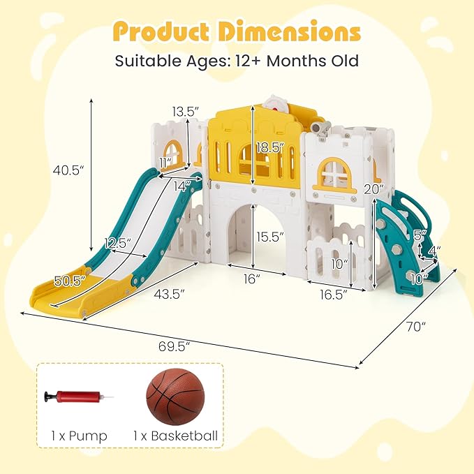 Costzon 8 in 1 Toddle Slide Playset, Freestanding Kids Slide w/Tunnel, Basketball Hoop, Toddler Climber Slide Playset Indoor Playground for Kids 1-3 w/Storage Space, Gifts for Boys Girls (Yellow)