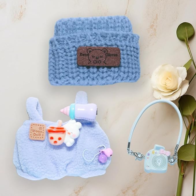 17cm Doll Clothes Set (Doll Not Included) -3-Piece-Handmade Crochet Outfit, Chic Fashion with Stylish Accessories for Mini Dolls -Hat + Overalls + Camera Ornament [Light Blue]
