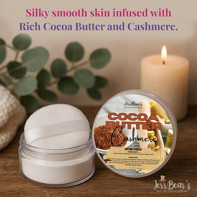 Cocoa Butter Cashmere Dusting Powder for Women, 4oz Jar | Talc Free Body Formula, Soft Scented Skin Care, Gentle Powder for Daily Freshness, Includes Puff Application