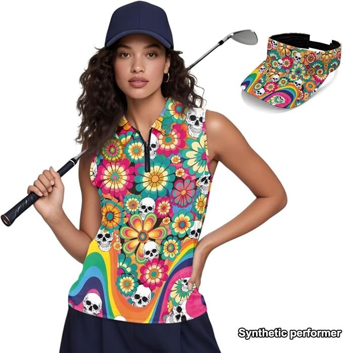 POLERO Golf Tank Top Women Golf Shirts and Visor Hat Collared Racerback Tennis Shirt Set Quarter Zip
