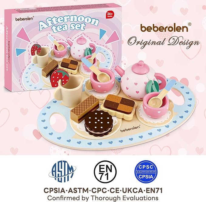 Wooden Tea Set for Little Girls Birthday Gift 3-4 Year Old Princess Toys Play Food Sets for Kids Kitchen Accessories Toddlers 3-5 Outdoor Party Pretend Food Dessert Cookies Wood Toy