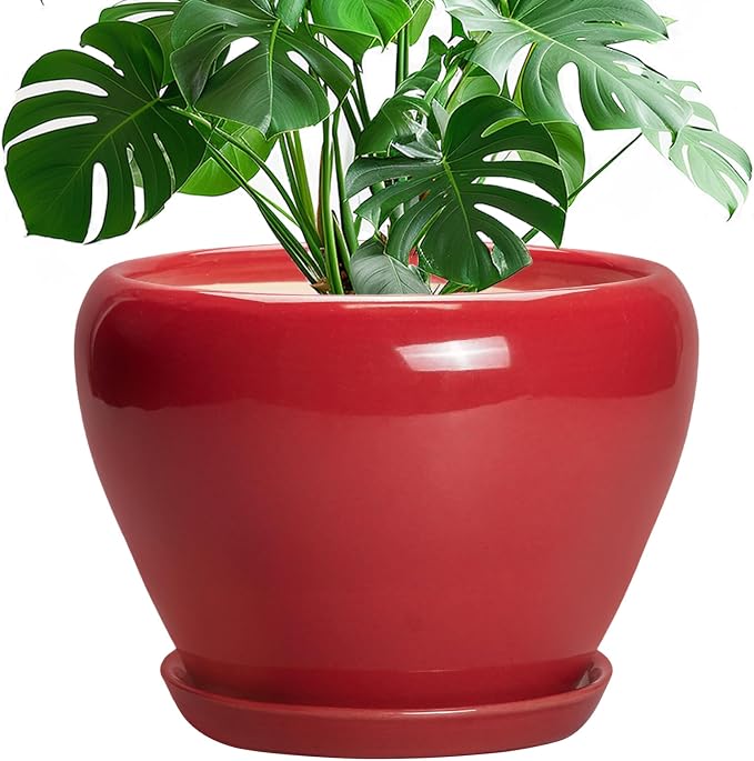 Ceramicfor 10 Inch Plant Pot - Ceramic Planter for Indoor Outdoor Plants, Glaze Modern Round Planter with Drainage Hole and Saucer, Gifts for Plant Lovers, Home Room Garden Decor, Red
