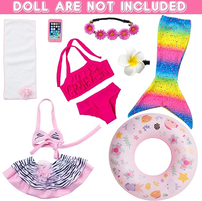 UNICORN ELEMENT 11Pcs 18 Inch Girl Doll Clothes and Accessories Set Including Colorful Mermaid Swimsuits,Mobile Phone,Hairpin,Swimming Circle