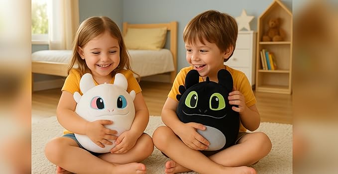 Black Dragon Plush, 8-Inch Soft Stuffed Animal Toy, Round Kawaii Plushie, Fantasy Creature Gift for Kids & Fans (White Black)
