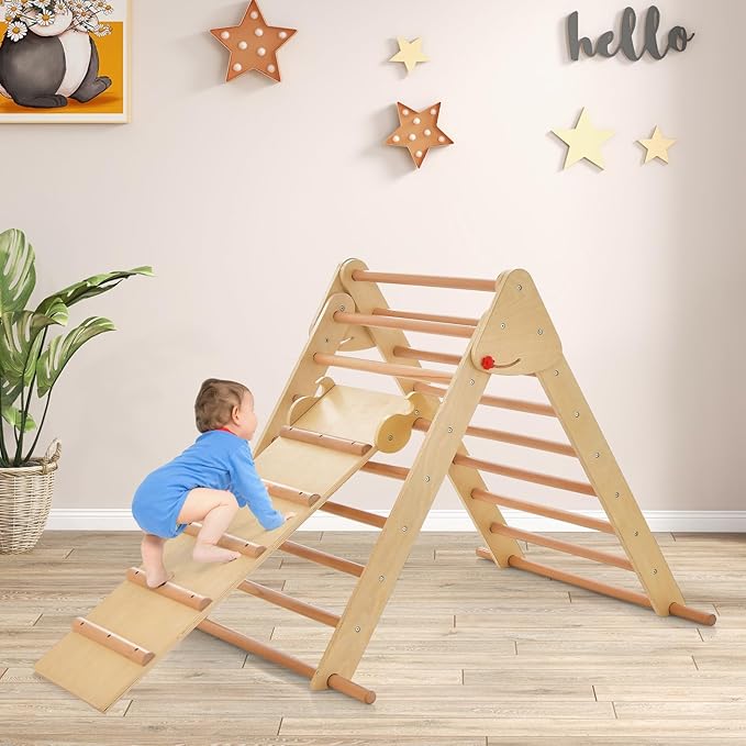 OLAKIDS Pikler Triangle Set 3 in 1 Climbing Toys for Toddlers Foldable Wood Montessori Baby Jungle Gym with Ramp Ladder Slide Kids Indoor Playground Activity Play Structure