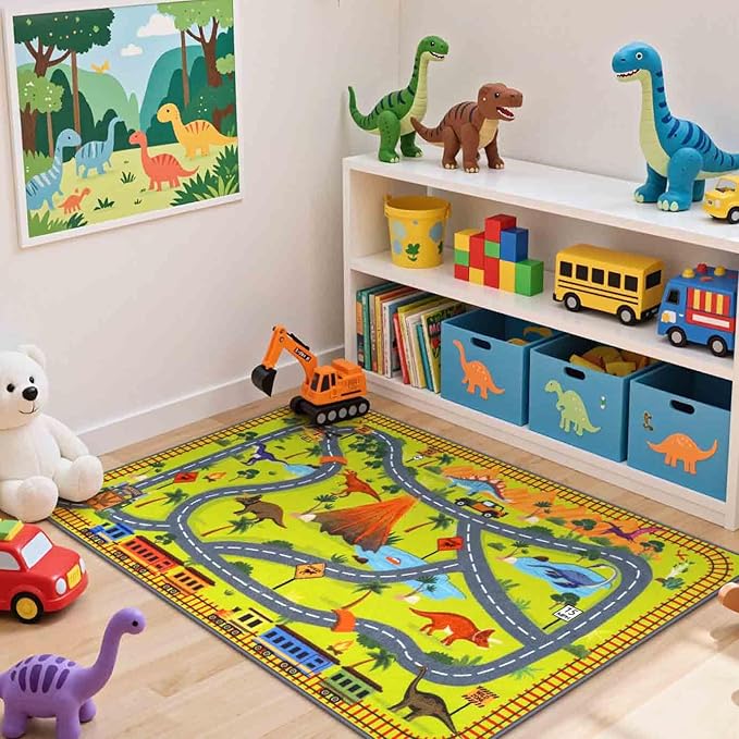 LIVEBOX Kids Playroom Rug-Dinosaur Car Rug Play Mat, 3x5 Washable Non Slip Jurassic Park Rugs for Boys and Girls Bedroom,Nursery,Play Room