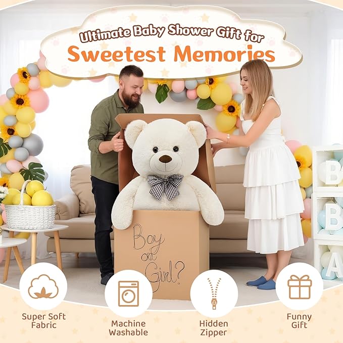 MorisMos Bow Tie Giant Teddy Bear, 55inch Large Big Teddy Bear Plush, Lifesize Stuffed Animals for Girlfriend, Boyfriend, White
