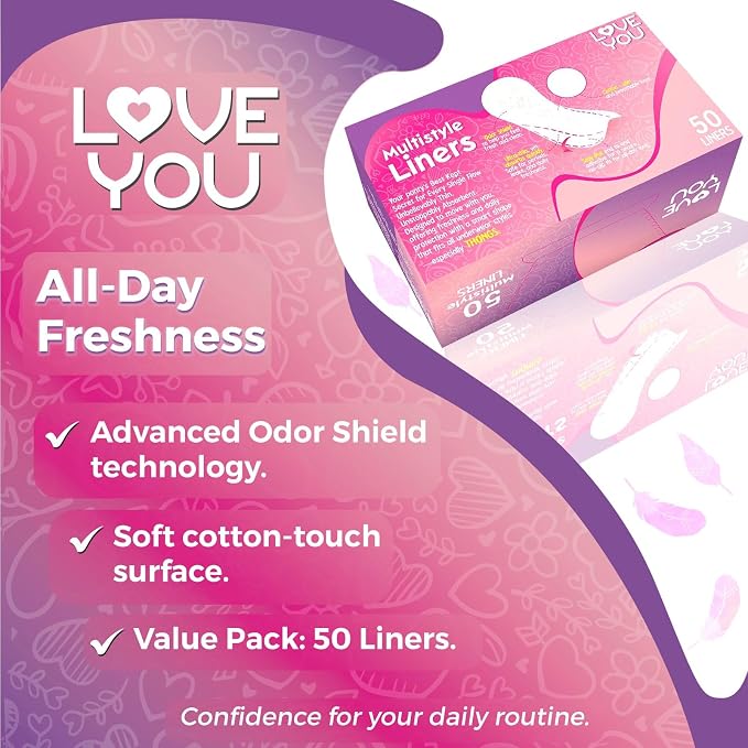 Love You Multistyle Liners – 50 Count – Ultra Thin & Breathable Daily Liners for All Underwear Styles, Including Thongs – Fragrance-Free & Hypoallergenic
