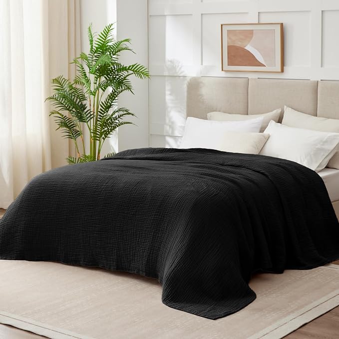 100% Cotton Muslin Blanket 50"x 60", 6 Layers Breathable and Lightweight Cotton Throw Blankets for Couch, Soft Cooling Summer Gauze Blanket for Adults All Season, Black