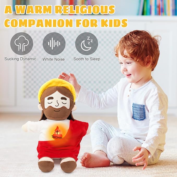 Soothing Jesus Plush Toys with Light & Sound, Jesus Stuffed Breathing Plushy Doll, Christian Catholic Religious Plushie Christmas Easter Gifts for Kids Baby (Red)