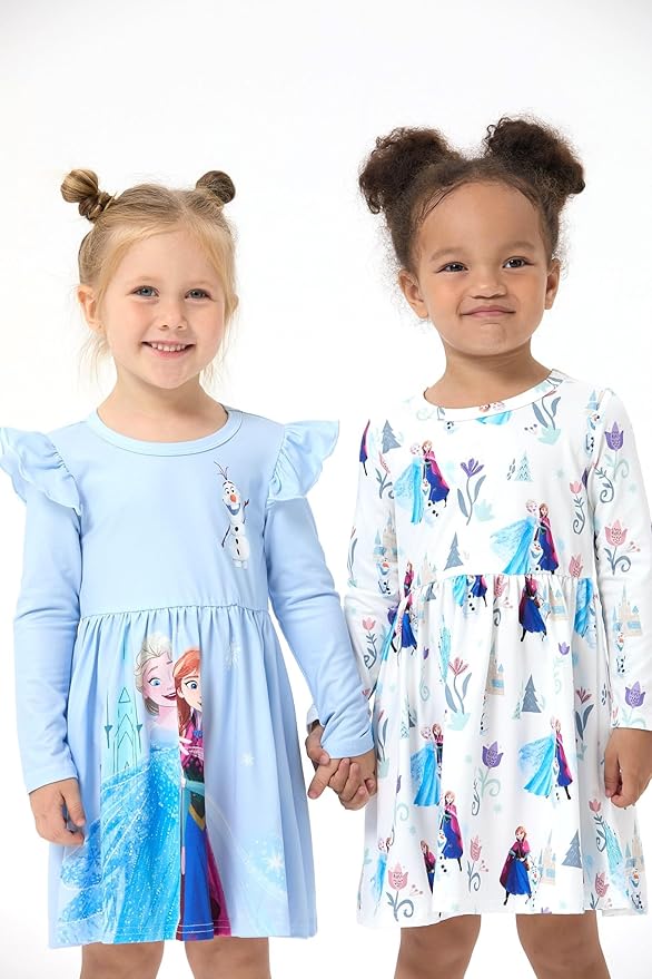 Disney Frozen Elsa Stitch Princess Minnie Mouse Toddler Girl Dresses 2 Pack Ruffle Long Sleeve Dress Set (3 Months - 6 Years)