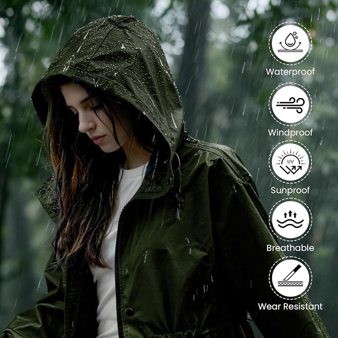 LAMA Womens Long Raincoats Rain Jacket Waterproof Packable Hooded Windbreaker Lightweight Adjustable Waist for Outdoor