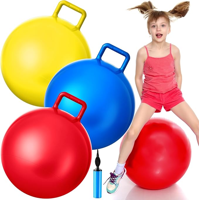 Lewtemi 3 Pcs 22 Inch Bouncing Ball with Handle, Outdoors Hopper Jumping Hopping Ball and Air Pump for Sports Exercise (Red, Blue, Yellow)