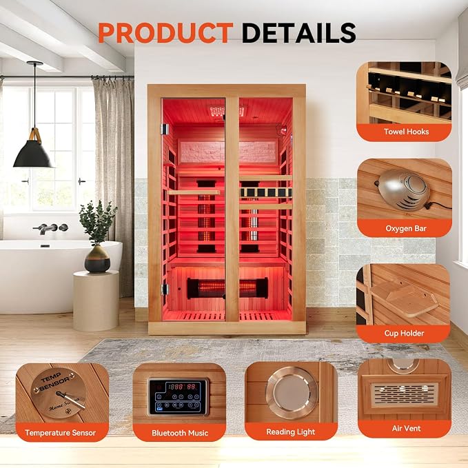 Full Spectrum Infrared Sauna, 2 Person Home Sauna with Red Light Therapy, 15 Minutes Pre-Warm up Indoor Dry Saunas with 2-in-1 Door Handle, 7 Color Light Belts, Canadian Hemlock, 110V