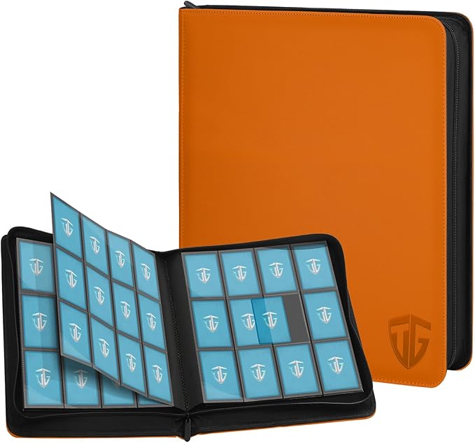 12 Pockets Trading Card Zipper Binder for 720 Cards| Secure Side Loading Pockets | Trading Card Album Folder | Compatible with YuGiOh, MTG (Orange 12)
