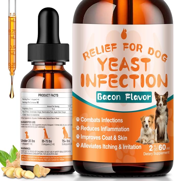 Dog Yeast Infection Treatment - 60ml Yeast Infection Drops for Dogs | Dog Yeast Treatment for Ear, Paw & Skin Itch Relief, Natural Herbal Supplement