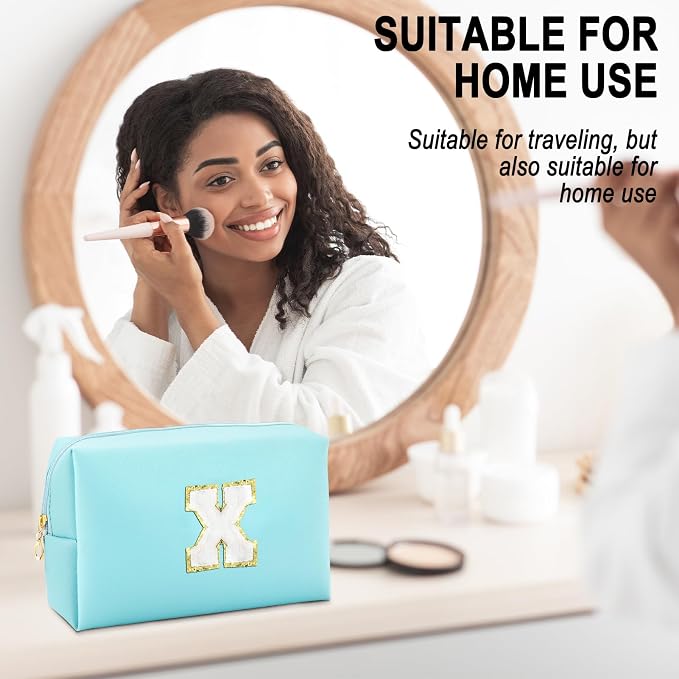 URSKYTOUS Gifts for Girls Initial Makeup Bag Personalized Cosmetic Bag with Zipper Cute Travel Toiletry Bag Waterproof PU Preppy Makeup Pouch Birthday Gift for Teen Girls Women(Blue X)