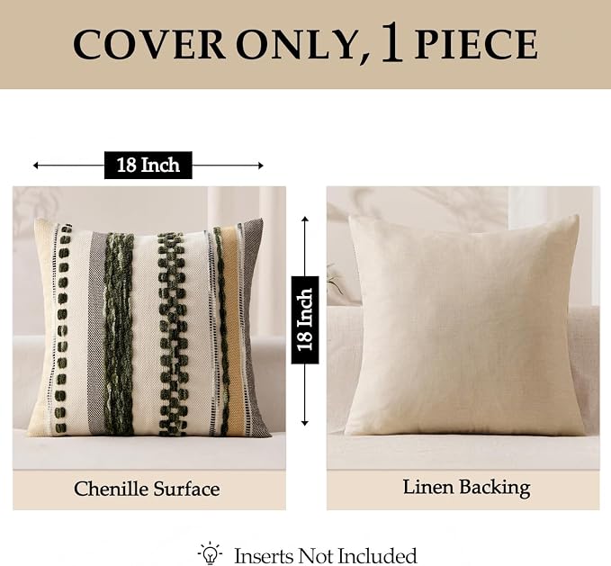 ANRODUO Boho Decorative Pillow Covers 18x18 Dark Green Stripe Pack of 1 | Throw Pillow Covers, Farmhouse Cushion Case, Chenille Pillow Cases, Pillow Covers, Accent Neutral Pillowcase for Sofa Couch