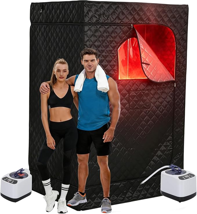 Garvee 2 Person Infrared Sauna, Portable Sauna for Home with 2 Steamer, 2 Folding Chair, Remote Control, 9 Temp Levels & 99 Min Timer, 35" x 48" x 71", Black