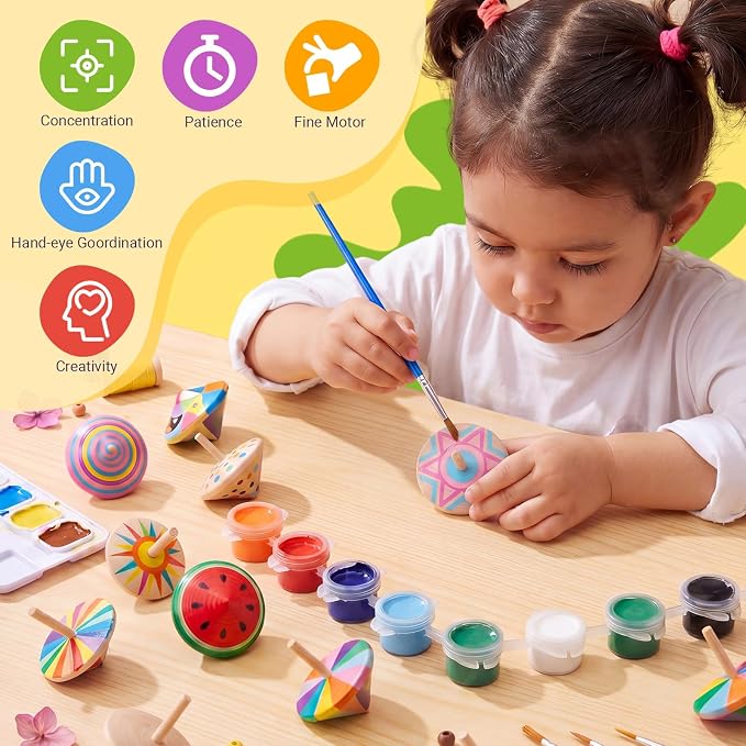 DoubleFill 48 Pcs Bulk End of Year Student Gifts, DIY Unfinished Wooden Spinning Tops for Kids End of Year Craft Kit Teacher to Student Gifts Art Supplies for Classroom Activities Party Favor