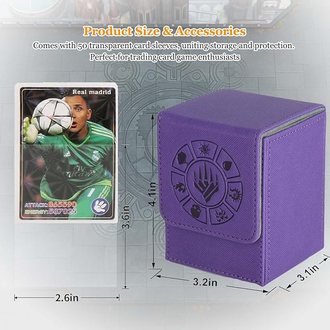 Arkeiliy Card Deck Box, 110+ Storage MTG Deck Box with 50 Pcs Card Sleeve, Collectible Trading Card Cases for Magic Commander and More (Purple)