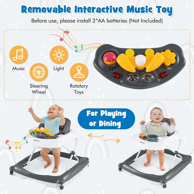 HONEY JOY Baby Walker, 5 in 1 Infant Activity Walker with Wheels, Music, Removable Cushion, Toddler Foldable Push Walker for Boys Girls, Anti-Rollover Walkers for Babies 7-14 Months (Gray)