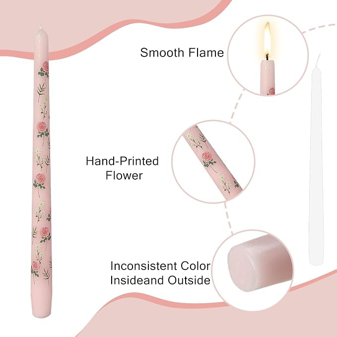 Rose Printed Taper Candle Smokeless- 4 Pack Handmade Pink Taper Candle - Dripless Uncented Candle 10 inches Long Flower Printed Tapered Candles for Mother's Day Home Wedding Restaurant Holiday Decor