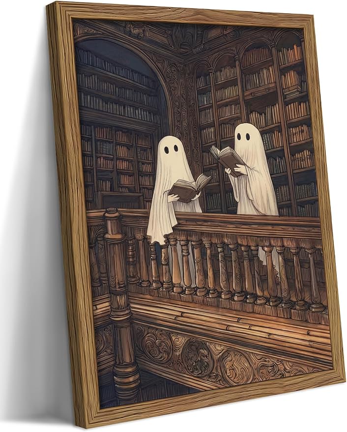 Framed Halloween Ghost Wall Art, Vintage Cute Ghost Reading Canvas Wall Decor Paintings, Dark Academia Book Artwork Poster Print Picture for Library Bedroom Living Room 16x24 Inch