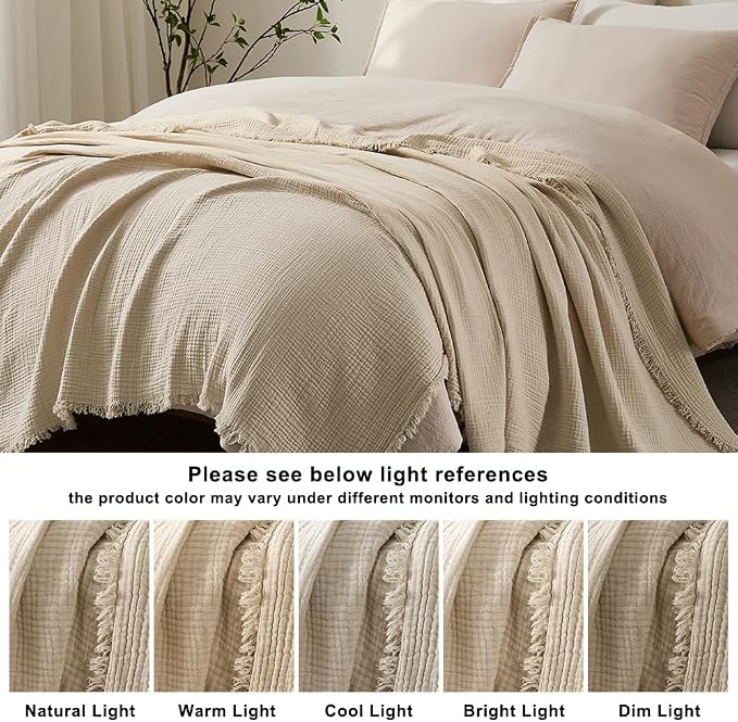 WDCOZY 100% Cotton Muslin Blanket King Size 4-Layer for Bed Breathable Lightweight Soft Large Boho Farmhouse Linen Tassels Ruffle Gauze Blankets All Season for Adults 102x120 Inches Beige Tan Neutral
